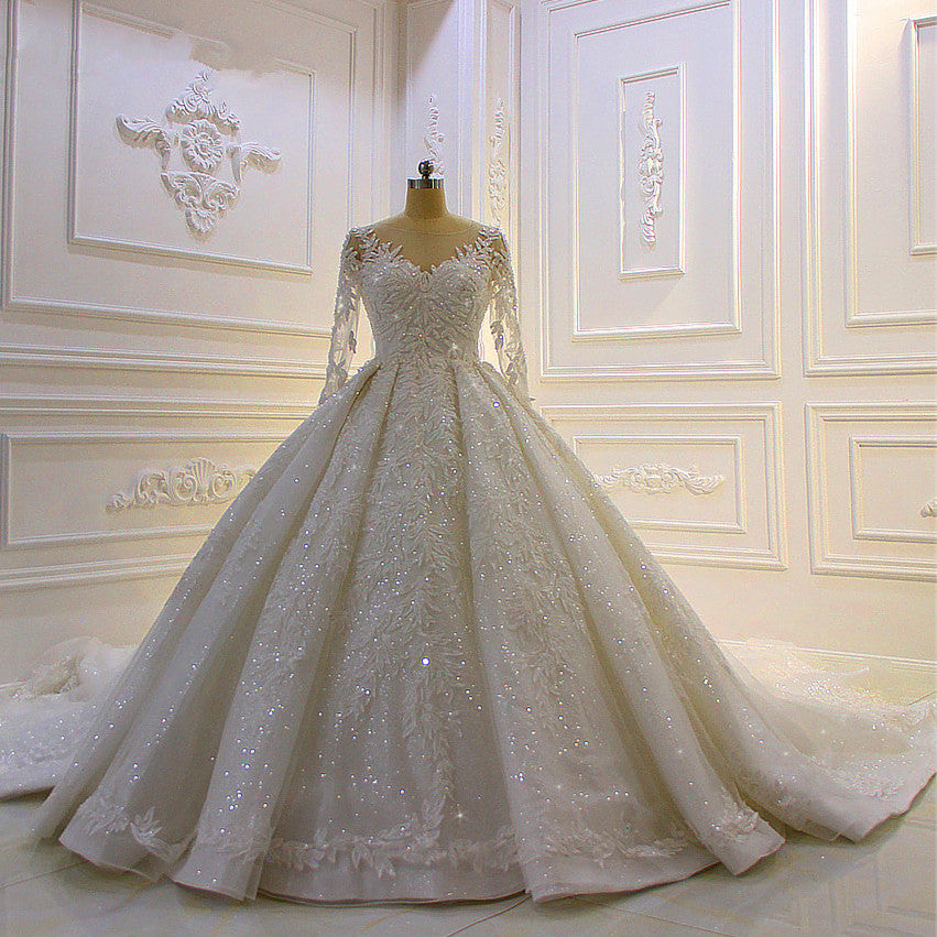 Luxury Beading Wedding Dress With Lace Appliques and Long Church Train Sleeves