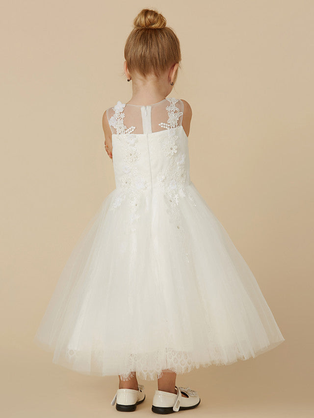 Gorgeous Lace Tulle Sleeveless Illusion Neck Flower Girl Dress With Beading Appliques