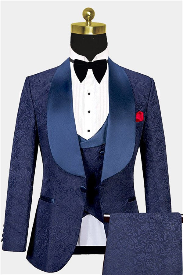 Navy Blue Three-Piece Jacquard Bespoke Tuxedo Online