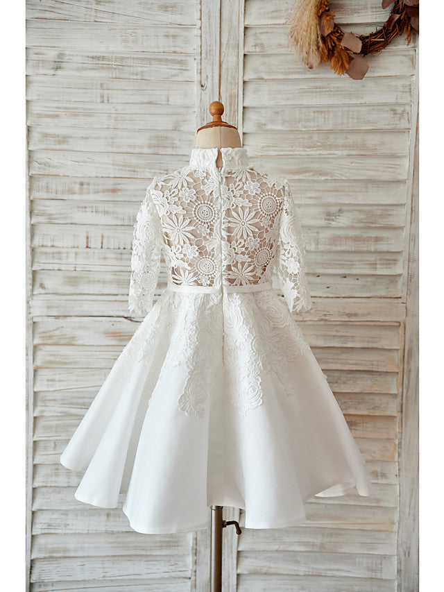 Elegant Ball Gown Long Sleeve High Neck Flower Girl Dress with Lace Tulle Bows and Sash Ribbon