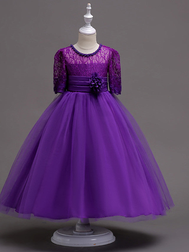 Half Sleeve Lace Jewel Neck Flower Girl Dresses with Satin Tulle Belt and Beading