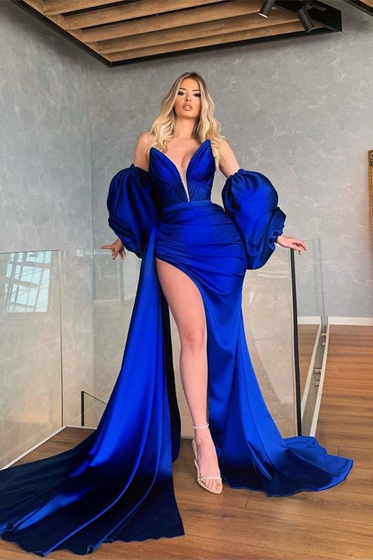 Mermaid Royal Blue Prom Dress with Removable Sleeves & Slit