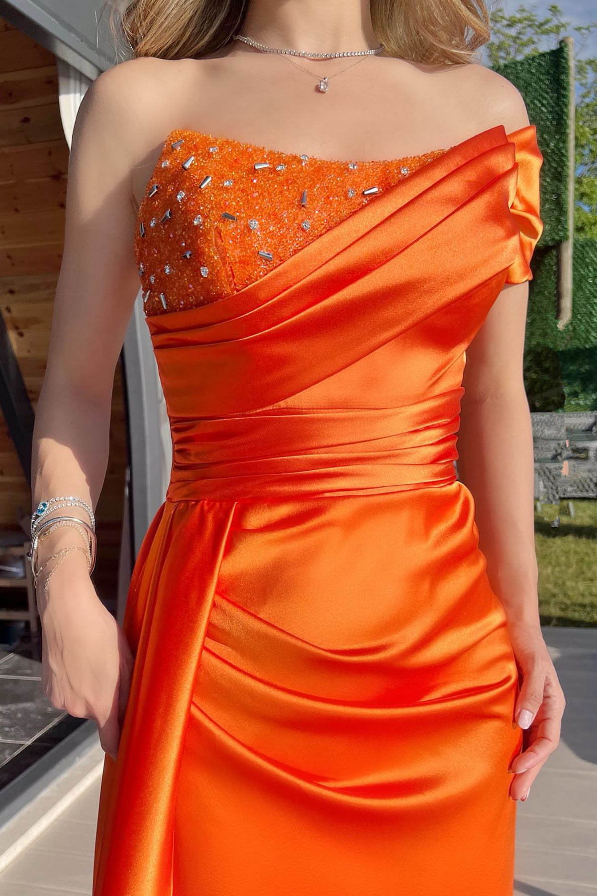 Orange Mermaid Prom Dress with Ruffles and Beadings - One Shoulder With Split