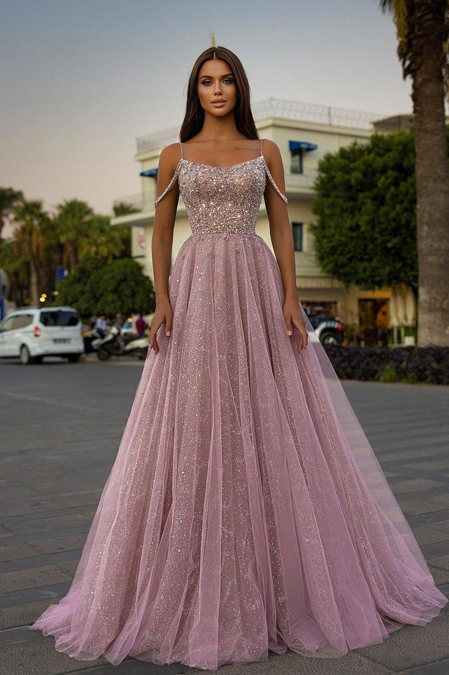 Tulle A-Line Long Spaghetti-Straps Prom Dress With Sequins Beads