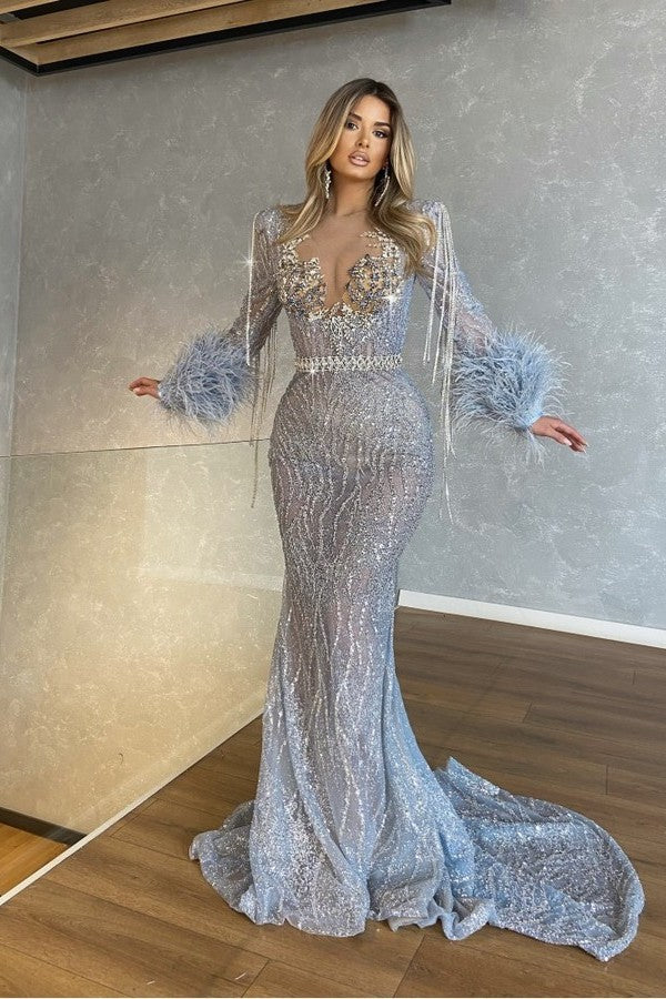 Mermaid Beaded Tassels Prom Dress with Feathers for Long Sleeves