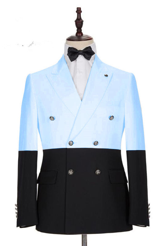 Popular Sky Blue Double Breasted Groomsmen Tuxedos with Peaked Lapel