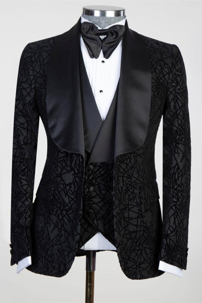 Newest Black Three Pieces Shawl Lapel Jacquard Men Suits by Darren