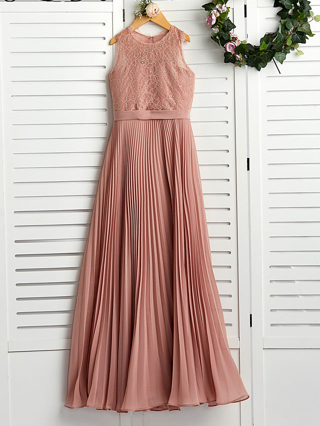 A-Line Crew Neck Flower Girl Maxi Dress with Chiffon Lace and Lace Pleats