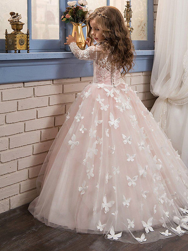 Lace Ball Gown with Bow Appliques and Buttons - Long Sleeve Jewel Neck Flower Girl Dress