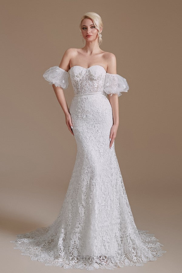 Long Mermaid Wedding Dresses With Detachable Sleeves - Beautiful Sweetheart Lace