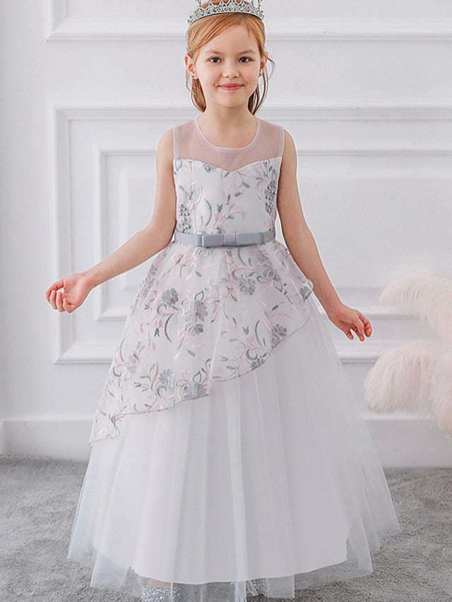 Beautiful Ball Gown Sleeveless Illusion Neck Flower Girl Dress with Tulle Sash Ribbon Bow and Embroidery