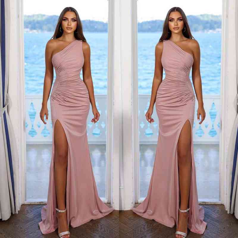 One Shoulder Prom Dress with Split - Simple Pink