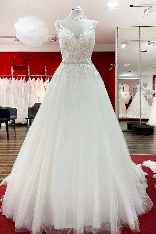 Long A-line V-neck Spaghetti-Straps Backless Wedding Dress with Lace Ruffles