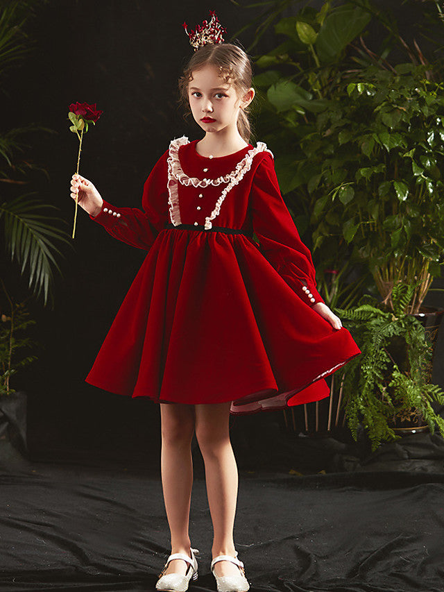 A-Line Long Sleeve Jewel Neck Flower Girl Dresses with Lace Beading and Cascading Ruffles