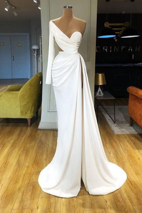 One Shoulder White Sweetheart Prom Dress With Long Sleeve and Split