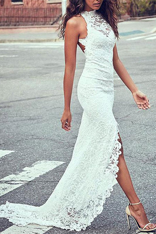 High Neck Lace Summer Beach Wedding Dress for Hot Days