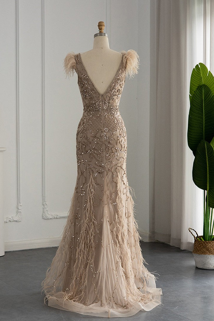 Luxury V Neck Mermaid Evening Dress with Feathers Appliques