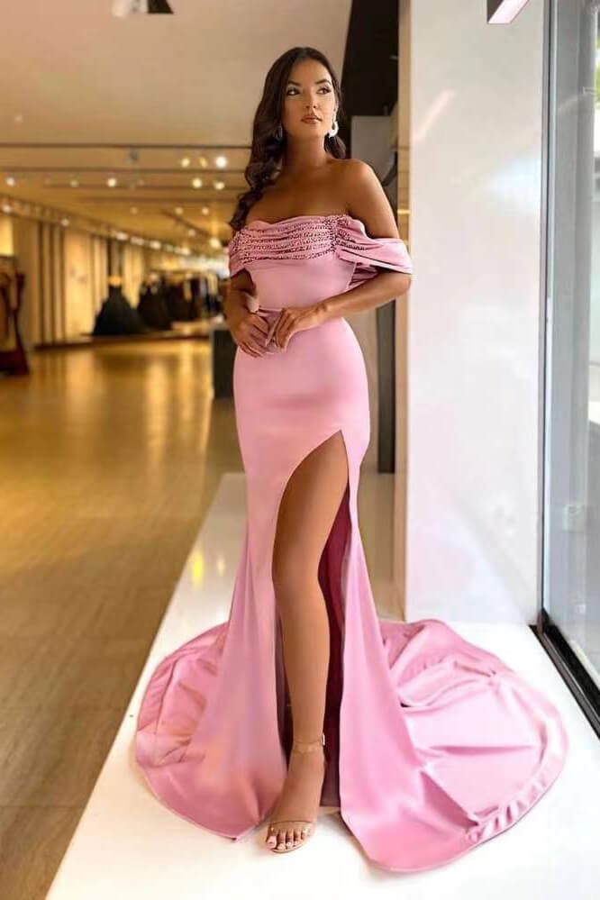 Beautiful Pink Purple Off-The-Shoulder Mermaid Prom Dress With Long Beads and Split