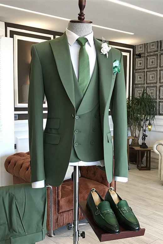 The Perfect Party Look - Classic Green Three Piece Casual Man Suits With Peaked Lapel