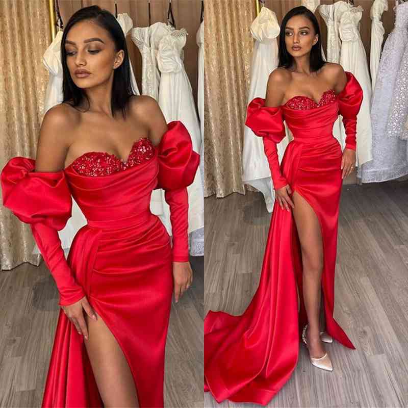 Red Off-The-Shoulder Mermaid Split Prom Dress with Diamond Appliques