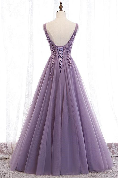 Purple Applique A-Line Prom Dress with V-Neck Open Back