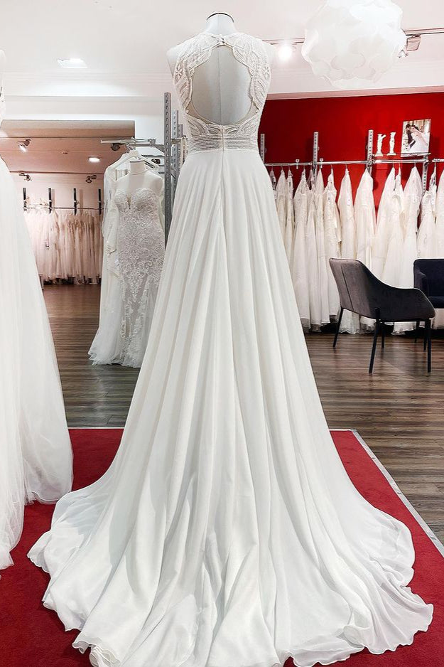 Modest Long A-line Chffon Jewel Open Back Wedding Dress with Ruffles Appliques