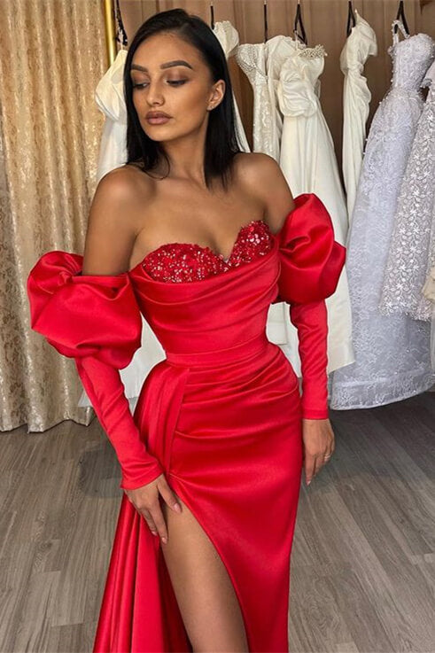 Red Off-The-Shoulder Mermaid Split Prom Dress with Diamond Appliques