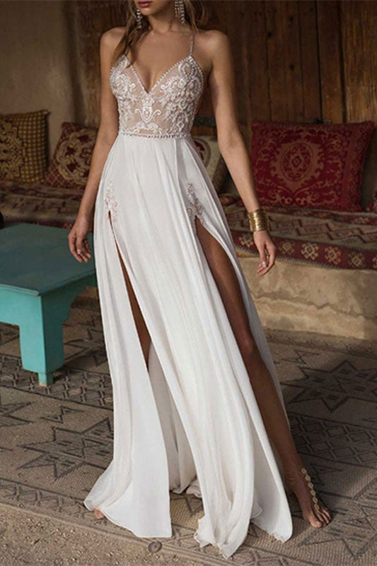 Elegant Spaghetti-Straps Split Chiffon Lace Wedding Dress