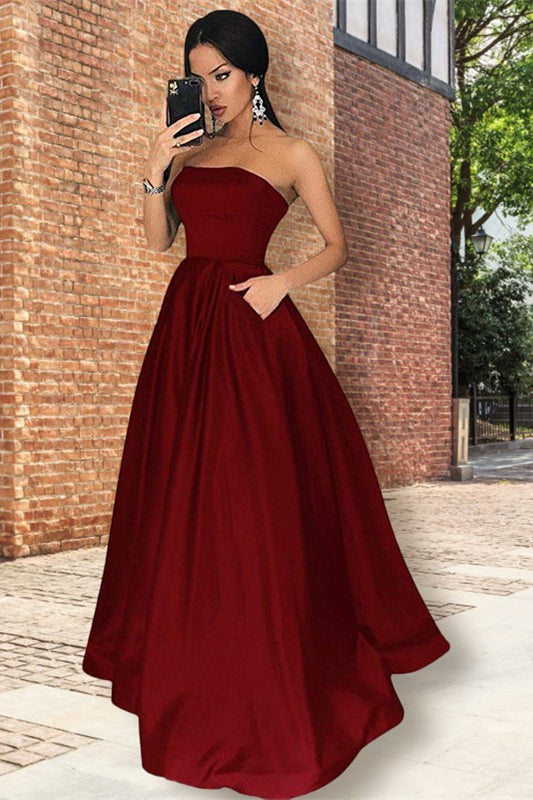 Burgundy Strapless Prom Dress With Pockets