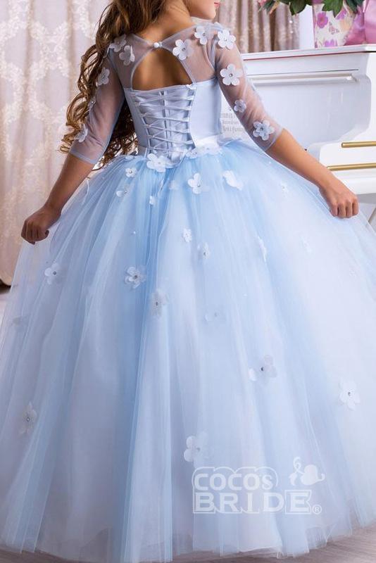 Light Blue Ball Gown Flower Girls Dress with Scoop Neck 3/4 Sleeves