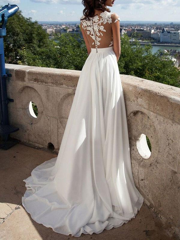 Lace Appliqu¨¦ Beach Wedding Dress with Front Split