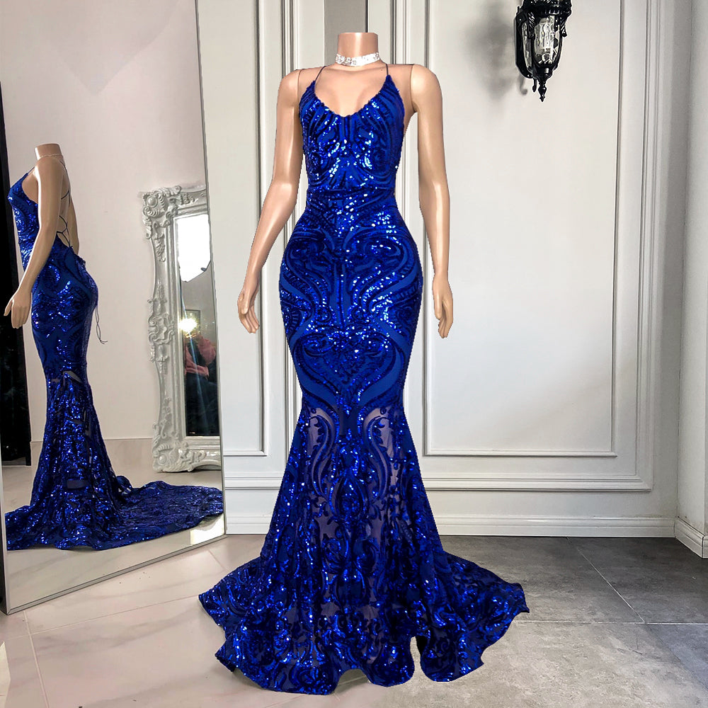 Mermaid Spaghetti-Straps Royal Blue Long Prom Dress with Sequins