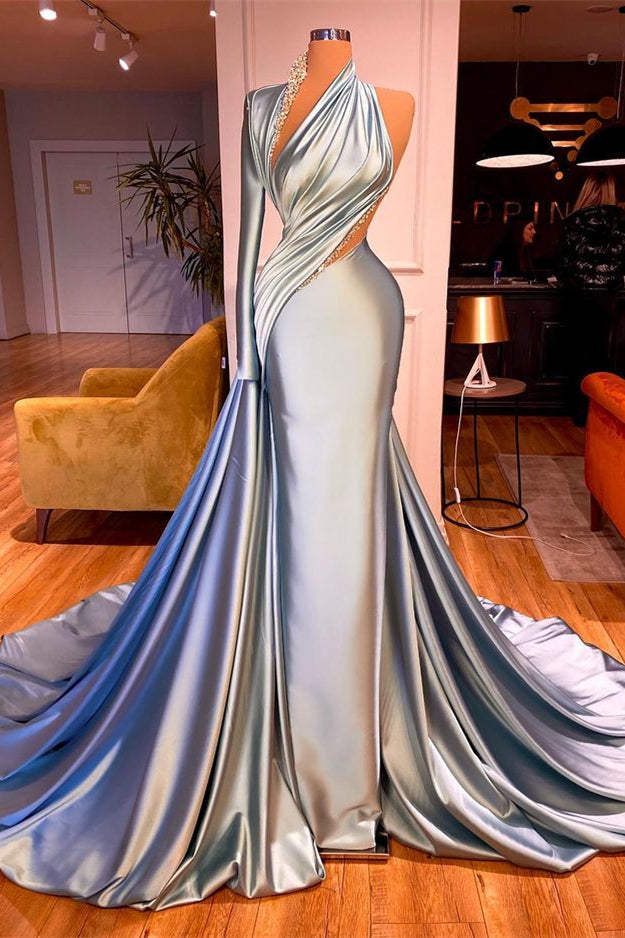 One-Shoulder Evening Dress with Long Beadings and Long Sleeves