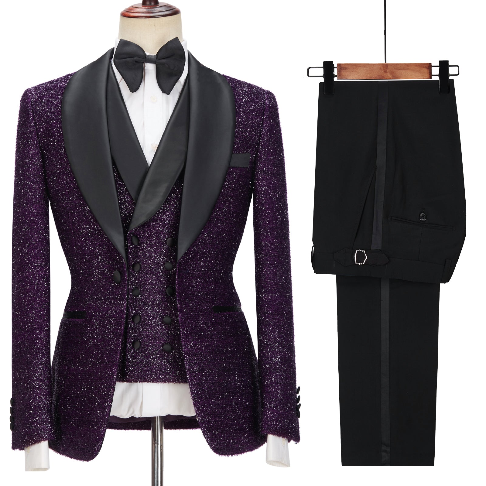 Caleb 3-Pieces Men Suits - Dark Purple Sparkle Shawl Lapel