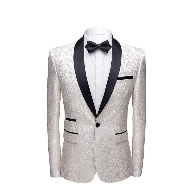 White Jacquard Wedding Suits for Men - Jacket Pants & Shawl Lapel Tuexdos