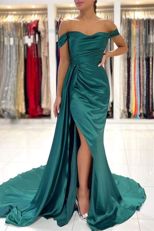 Mermaid Dark Green Off-the-Shoulder Prom Dress Split With Ruffles