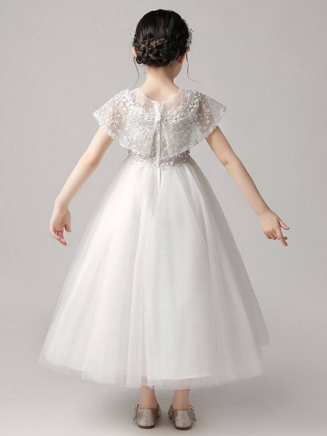 Short Sleeve Jewel Neck Flower Girl Dress With Lace