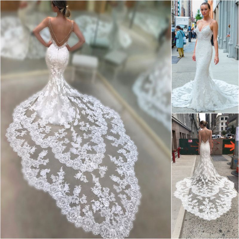 Mermaid Lace Wedding Dress with Backless Spaghetti-Straps V-Neck