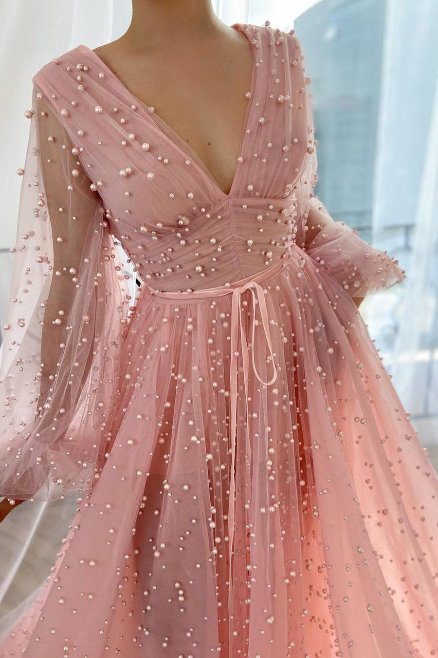 Sparkle in Style with Pink Plunging Neck Evening Dress With Pearl Beaded Tulle