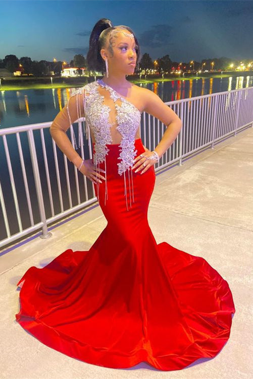 Red & White Mermaid Prom Dress w/ Tassel Appliques
