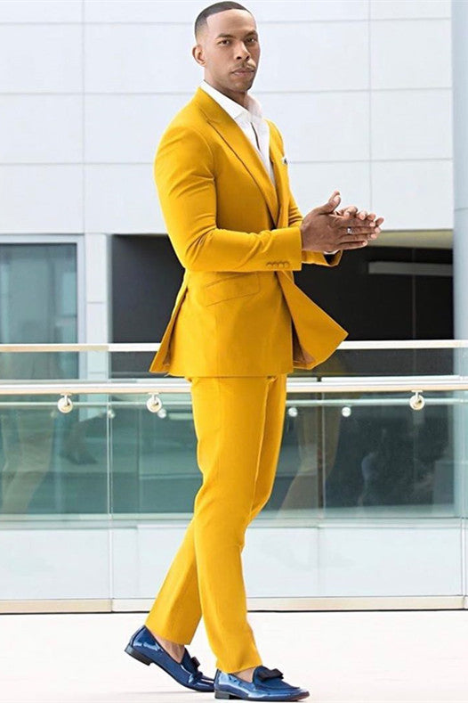 Shining Peaked Lapel Yellow Double Breasted Men Suits for Ring Bearer Prom Online