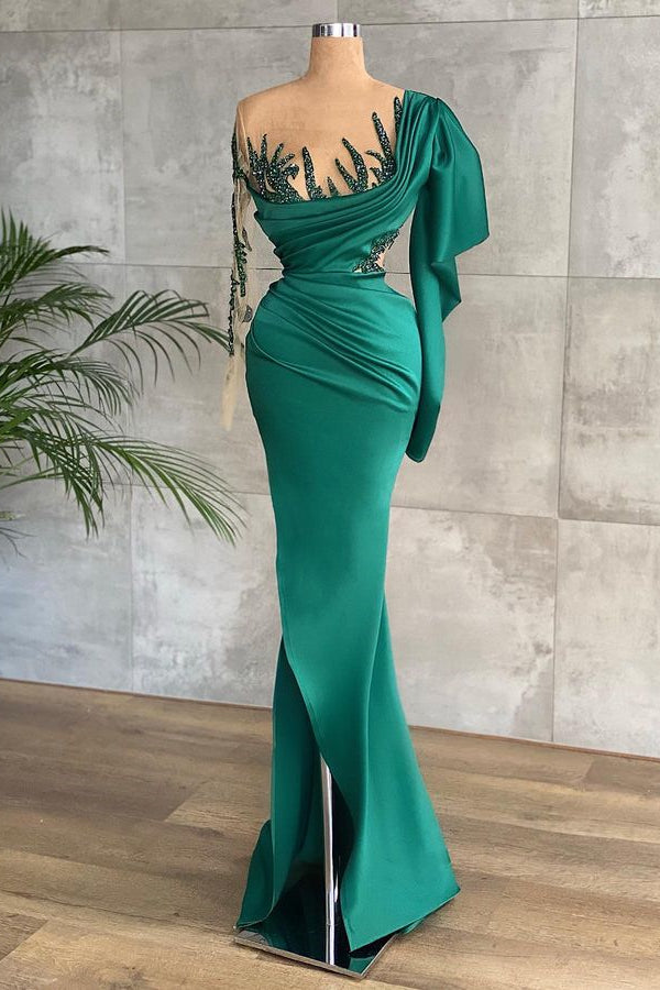Green Long Sleeves Prom Dress With Mermaid Appliques