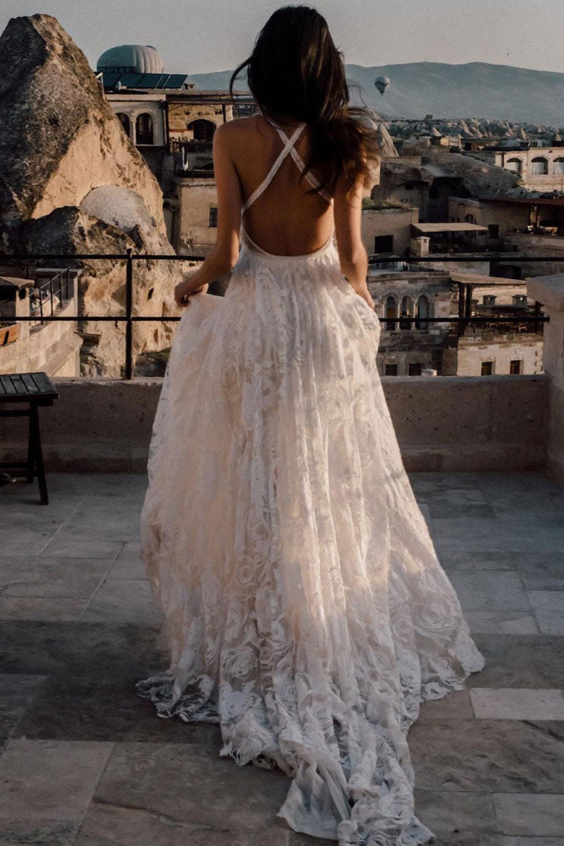 Gorgeous Spaghetti-Straps Lace Wedding Dress with Slit