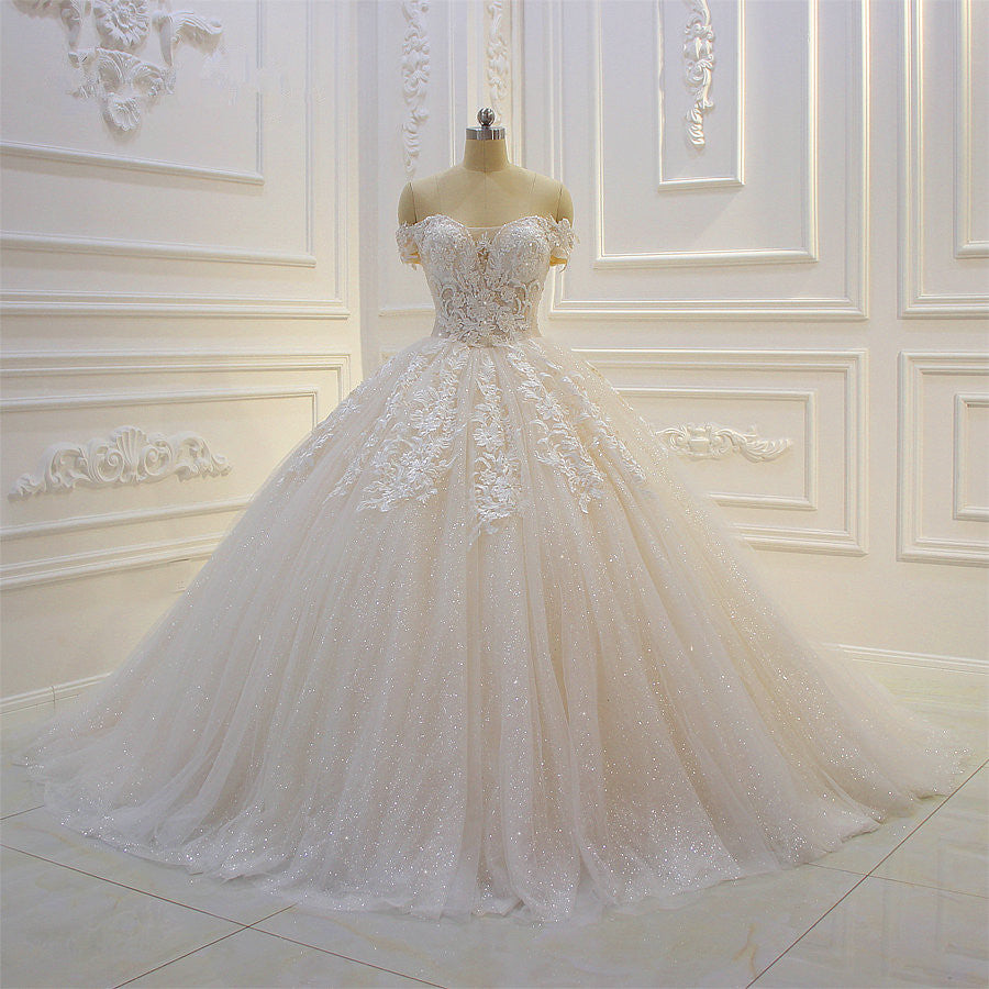 Off-The-Shoulder Sequin Wedding Dress With Sweetheart Neckline and Appliques Lace