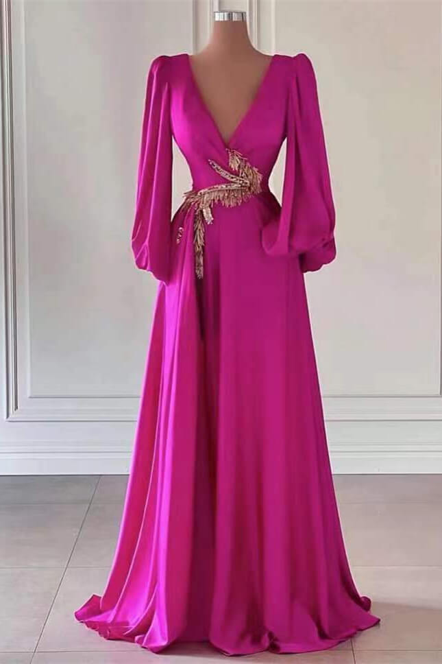 Fuchsia Dark V-Neck A-Line Prom Dress With Embellishment