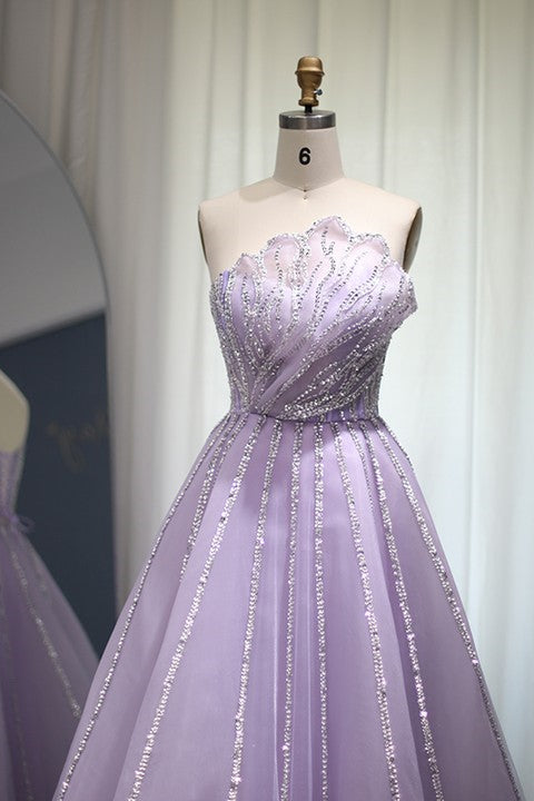 A Line Sleeveless Prom Dress with Flower Strapless Tulle and Appliques Sequins