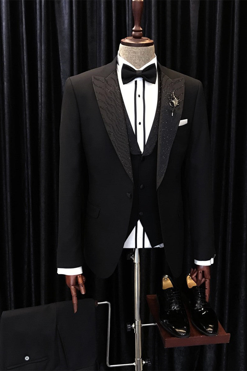 Barry Lastest Design Stylish Black 3-Piece Peaked Lapel Wedding Suit