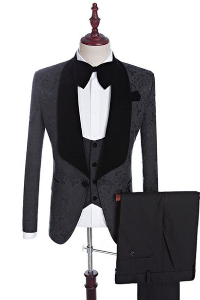 Xander Black Jacquard Three-Piece Shawl Lapel Wedding Suit for Men