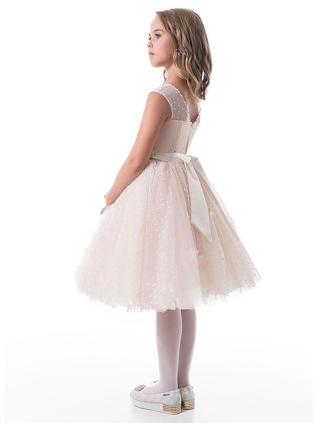 A-Line Sleeveless V-Neck Flower Girl Dress with Lace Appliques and Tulle