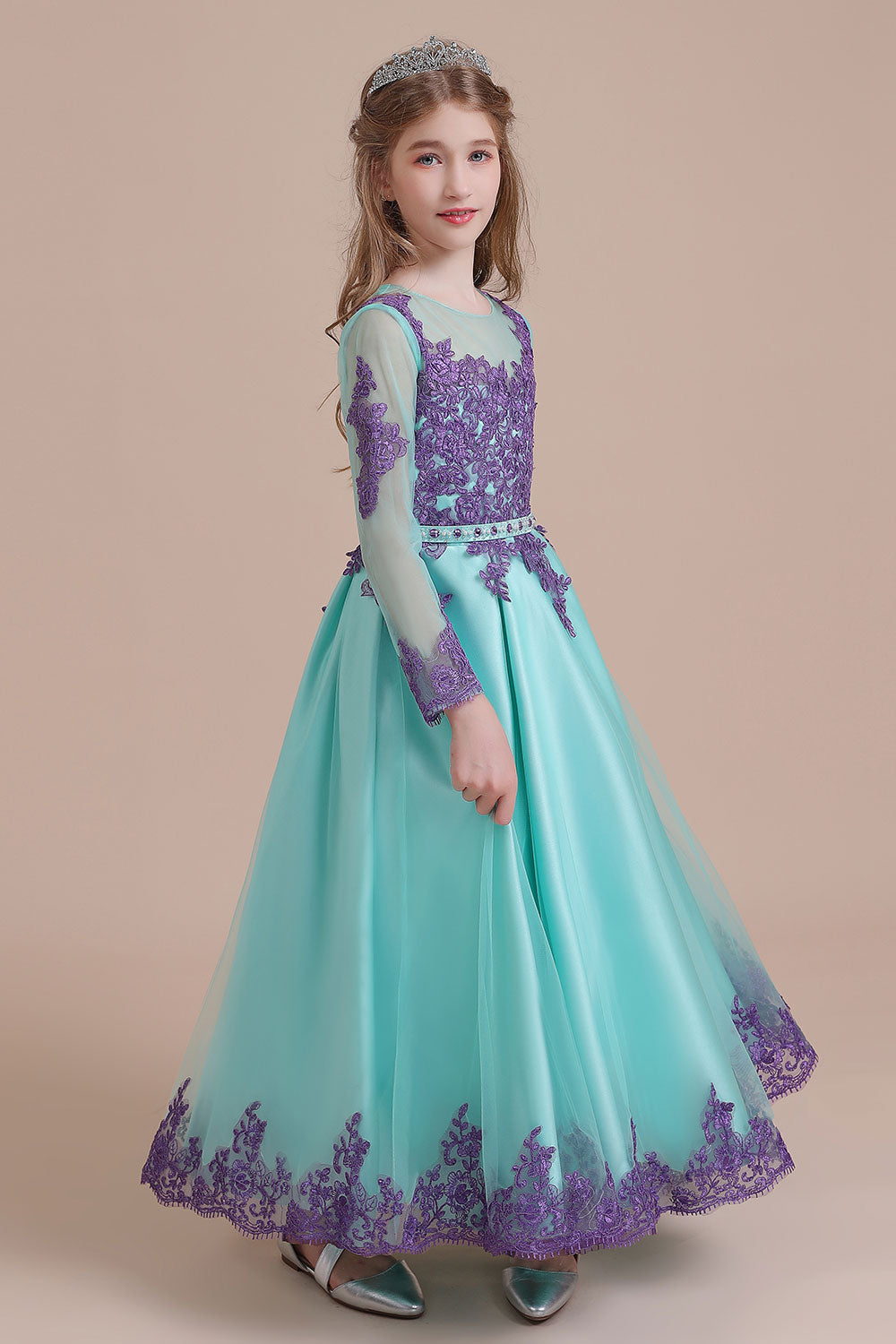 Chic Long Sleeve Jewel A-line Flower Girl Dress with Tulle Appliques